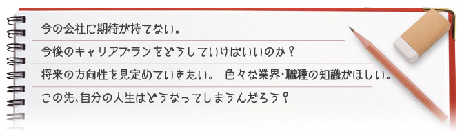 今の会社に期待が持てない。今後のキャリアプランをどうしていけばいいのか？将来の方向性を見定めていきたい。色々な業界・職種の知識がほしい。この先、自分の人生はどうなってしまうんだろう？